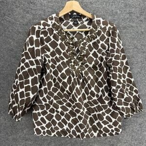 Josephine Blouse Women 6 Brown Animal Print V-Neck Long Sleeve Cotton Casual